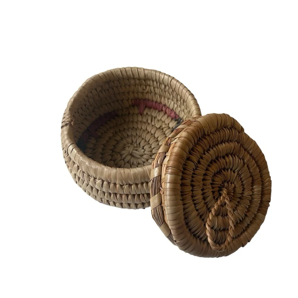 Vintage Hand Woven Coil Native American Basket with Lid